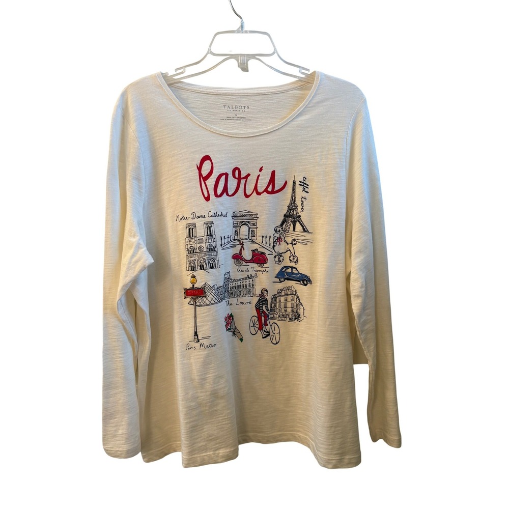 Talbots Woman Paris Graphic Tee Cream Slub Cotton Long Sleeve Top 1X